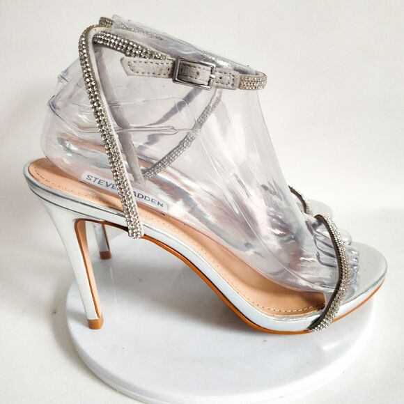 Steve Madden 8.5 Pumps Strappy Rhinestones Formal Dressy Silver Open Toe Heels - Picture 2 of 9